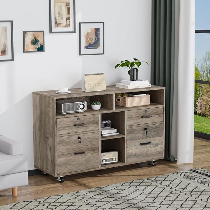 VINGLI Wide 4 Drawer File Cabinet with Lock, Rustic Grey Rolling File Cabinet with Open Shelves, Lockable Printer Stand, Letter Sized-DeskLoop Office