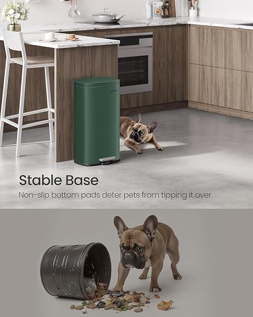 SONGMICS Trash Can with Lid, 8 Gallon Garbage Can, Stainless Steel Small Waste Bin with Step Pedal and Inner Bucket, Soft Close, Kitchen, Retro Green ULTB003C01-DeskLoop Office
