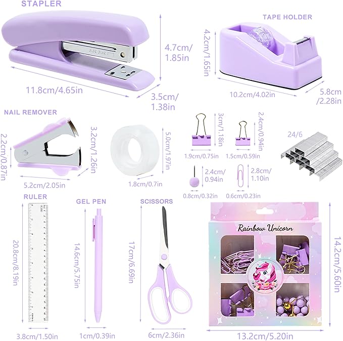 Desk Accessories with Pen Holder, Office Supplies Desk Organizers and Accessories, Tape Dispenser, Stapler, Staple Remover, Staples, Clips Set, Ruler, Scissor, Pen, Tape (Purple)-DeskLoop Office