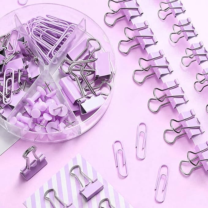 Purple Binder Clips and Paper Clips Push Pins Tacks Sets, Total 72 PCS Assorted Sizes Office Supplies Set for Women, Student, School, Home & Desk Supplies-DeskLoop Office