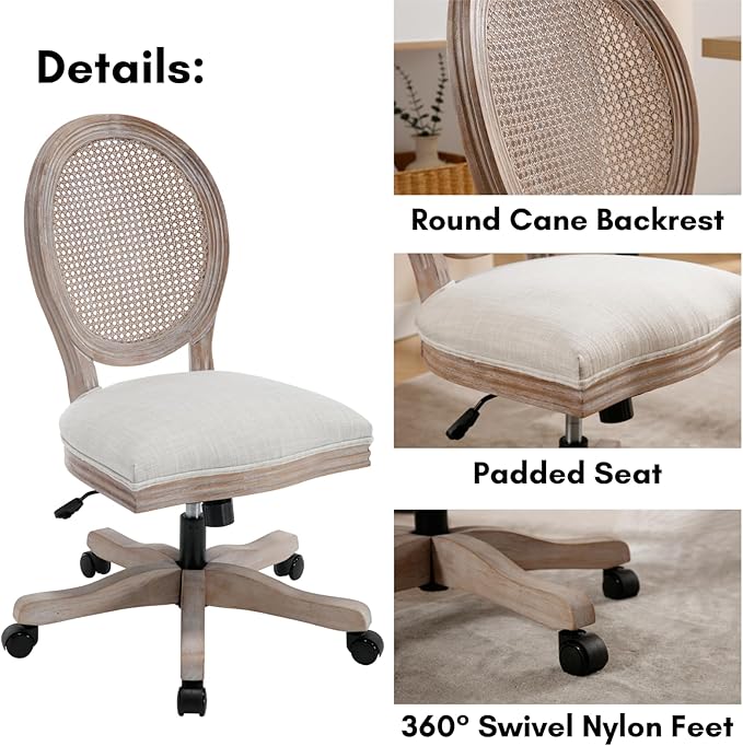 LukeAlon Rattan Back Linen Office Chair, Adjustable Height Swivel Task Chair with Wood Frame Armless Desk Chair with Wheels Upholstered Round Back Vanity Chair for Home Office Study Room, Beige-DeskLoop Office