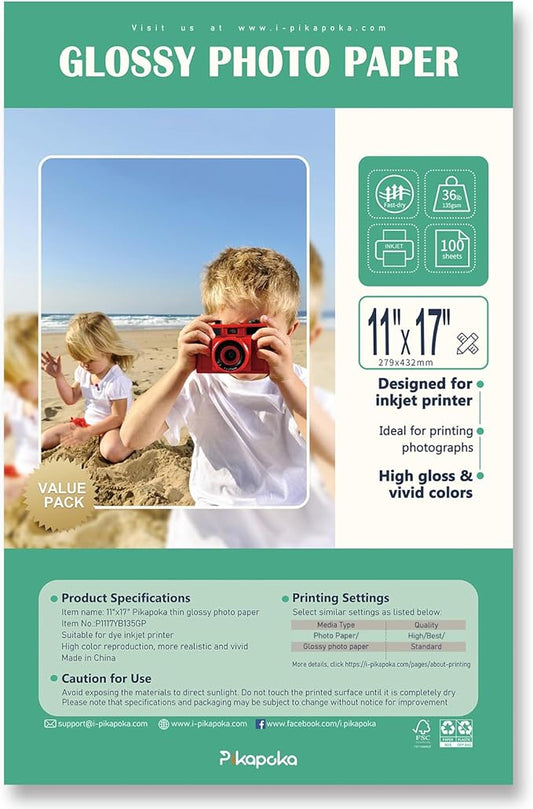 36lb Glossy Photo Paper, 11x17, Tabloid Size, Thin Glossy Photo Paper for Chip Bags, 100 Pack-DeskLoop Office