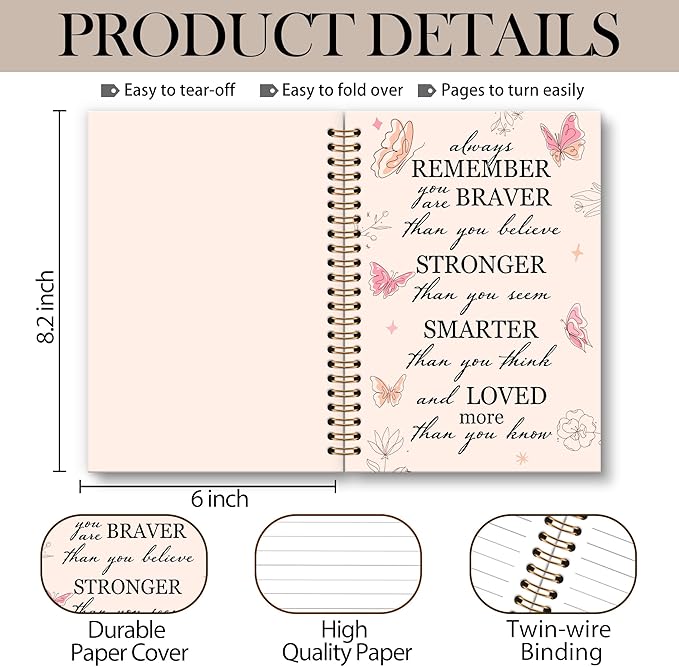 OINDADE Motivational Butterfly Notebook Journal, Inspirational Gifts Pink Spiral Notebook, You are Brave Motivational Notebooks Gifts for Women Girls, Positive Gifts School Office Supplies, 6x8.2In-DeskLoop Office