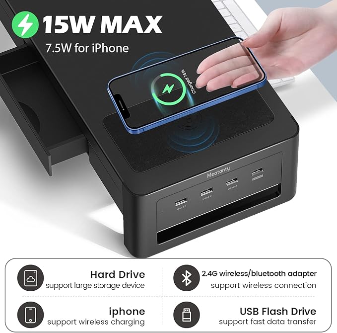 meatanty 3 In 1 Monitor Stand Riser with 2 Drawers,1 Wireless Charging Module and 4 USB Ports,Metal Computer Stand Support Transfer Data & Charging,Desk Organizer for PC,iMac (21 inches)-DeskLoop Office