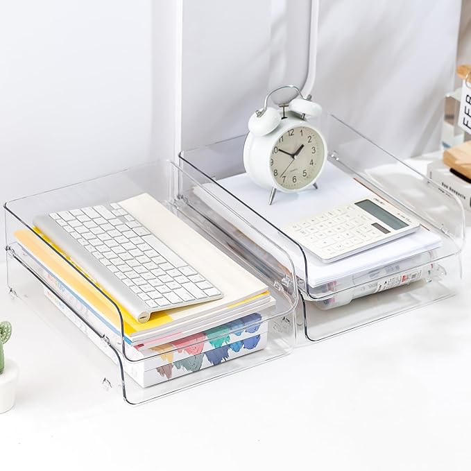 Gagee 2 Pack Paper Organizer for Desk,Clear Stackable Paper Sray, Office Desk Organizer for Notes, Pens, File, Document, Paper Holder -DeskLoop Office