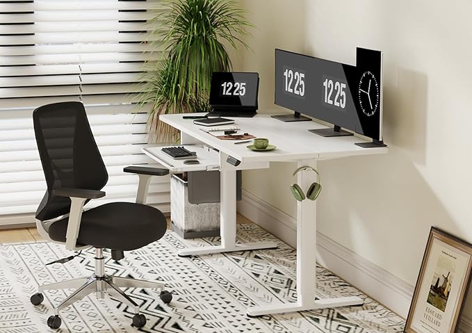 Claiks Standing Desk with Keyboard Tray, Electric Standing Desk Adjustable Height, 55x24 Inches Sit Stand up Desks with Splice Board, Raising Desks for Home Office, White-DeskLoop Office