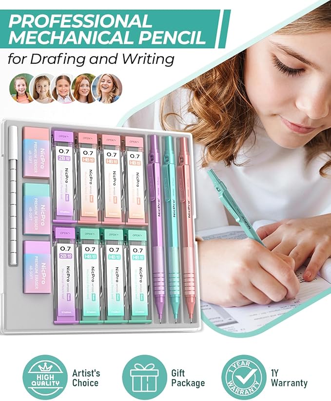 Nicpro 0.7 mm Metal Mechanical Pencil Set, 3PCS MP1000 Artist Lead Pencils With 480PCS HB 2B Lead Refills, Erasers, Pastel Aesthetic Mechanical Pencils for School Supplies Writing Drawing Sketching-DeskLoop Office