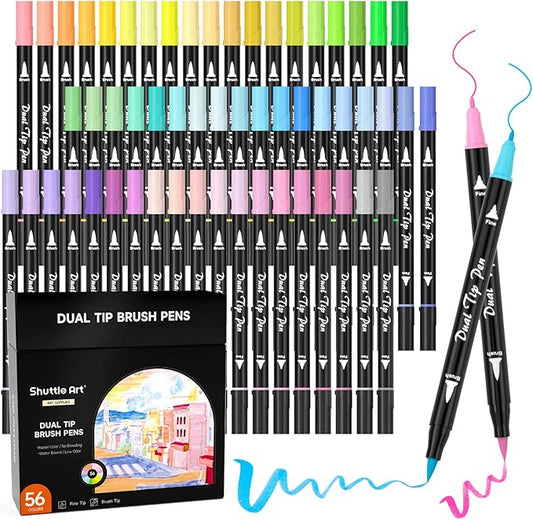 Shuttle Art Pastel Brush Pens, 56 Pastel Colouring Pens, Dual Tip Brush Markers with Fineliner Tip, Drawing Felt Tip Pens for Adults Colouring Books, Painting Sketching Calligraphy and Journaling-DeskLoop Office