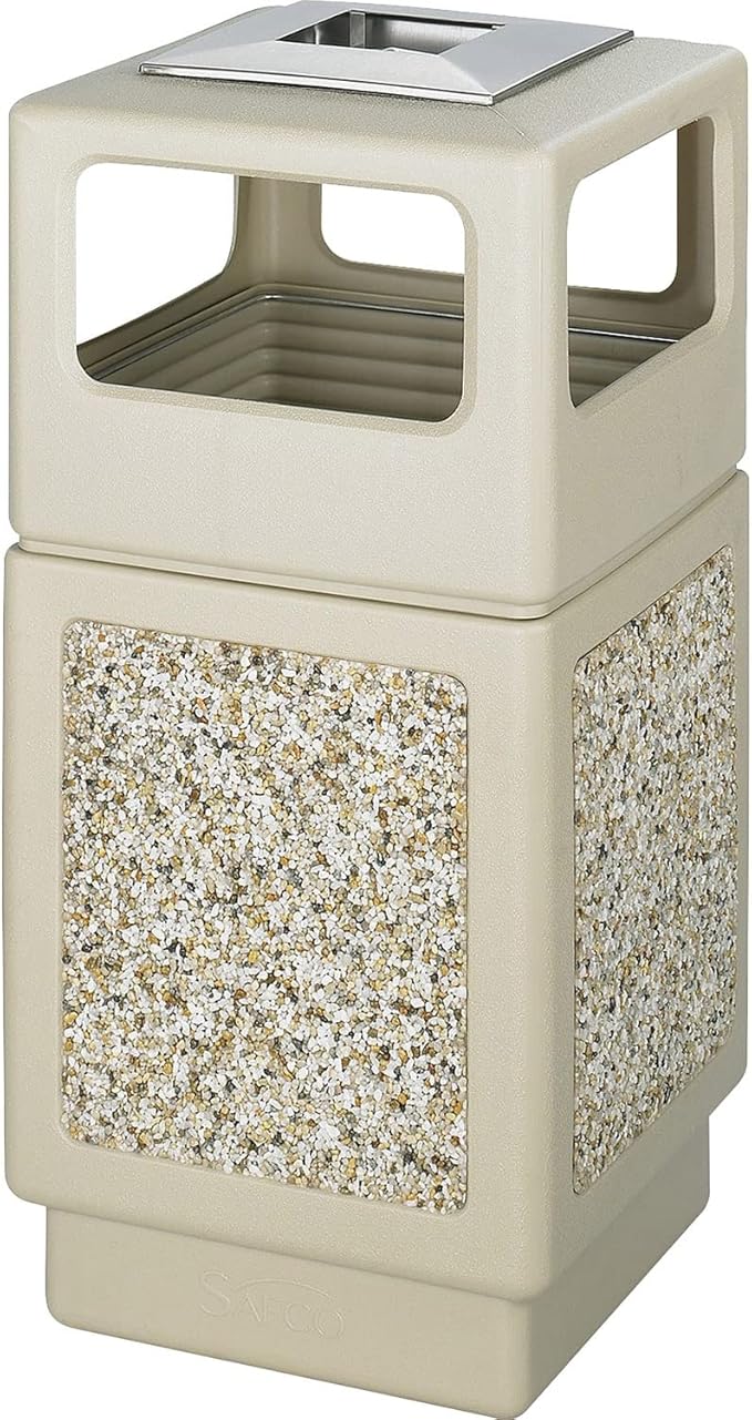 Safco Products Canmeleon Outdoor/Indoor Aggregate Panel Trash Can with Ash Urn 9473TN, Tan, Decorative Fluted Panels, Stainless Steel Ashtray, Weather Resistant-DeskLoop Office