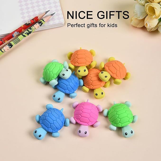 16 Pcs Cute Turtle Pencil Erasers for Kids, Novelty Rubber Turtle Desk Pet Erasers for Classroom Favors Party Supplies-DeskLoop Office