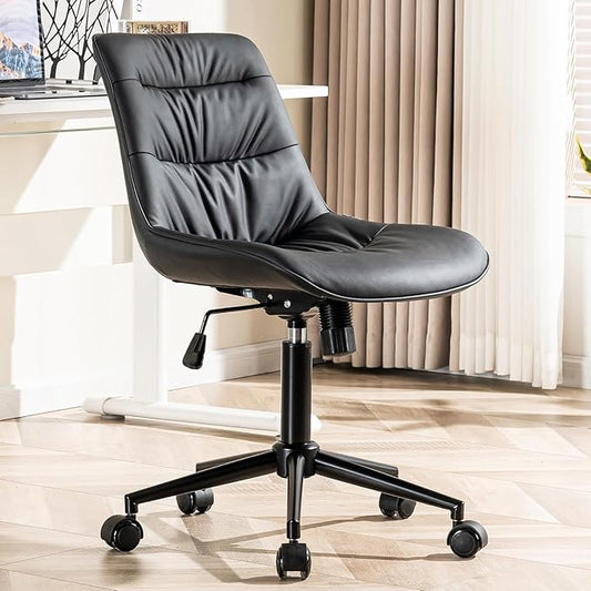 Kidol & Shellder Faux Leather Office Chair, Adjustable Swivel Height Task Chair, Rolling Wheels & Soft Backrest - Armless Ergonomic Desk Chair for Home, Office,Vanity,Gaming(Black)-DeskLoop Office