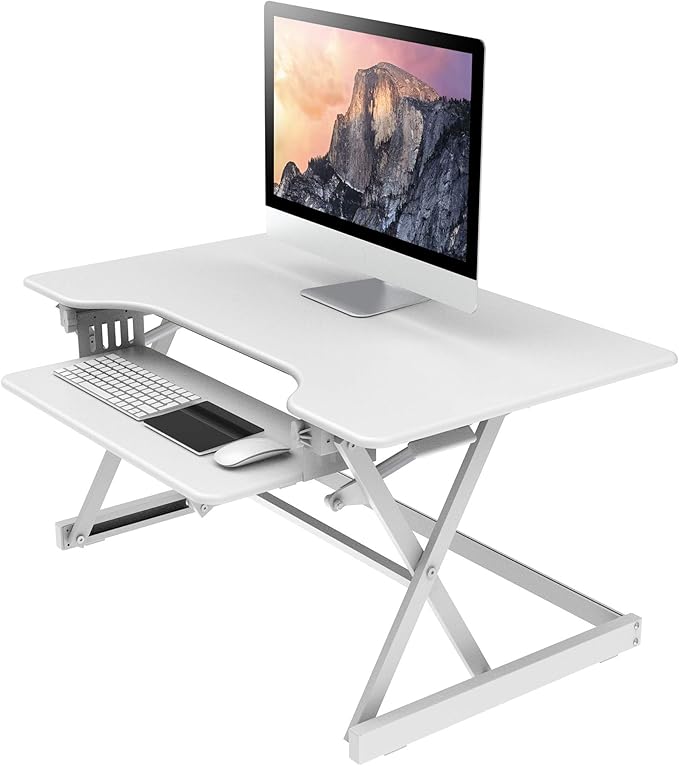 Rocelco 40" Large Height Adjustable Standing Desk Converter with Anti Fatigue Mat BUNDLE - Quick Sit Stand Up Computer Workstation Riser - Retractable Keyboard Tray - White (R DADRW-40-MAFM)-DeskLoop Office