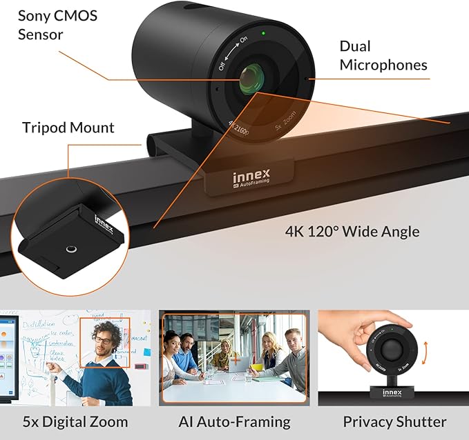 Innex C570 120-Degree Wide Angle Webcam 4K with AI Tracking, Auto-Framing, ePTZ, Webcam with Microphone, 5X Digital Zoom, Remote Control, Privacy Cover, Conference Camera for Zoom, Microsoft Teams-DeskLoop Office