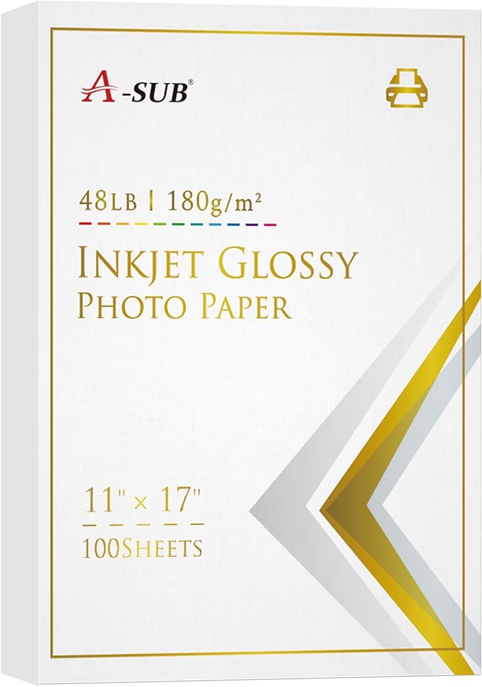 A-SUB Inkjet Glossy Photo Paper 11X17 Inches 48lb 180gsm Professional Glossy Photographic Paper for Inkjet Printers Dye Ink 100 Sheets-DeskLoop Office