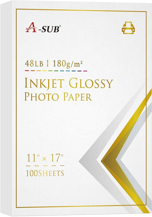 A-SUB Inkjet Glossy Photo Paper 11X17 Inches 48lb 180gsm Professional Glossy Photographic Paper for Inkjet Printers Dye Ink 100 Sheets-DeskLoop Office