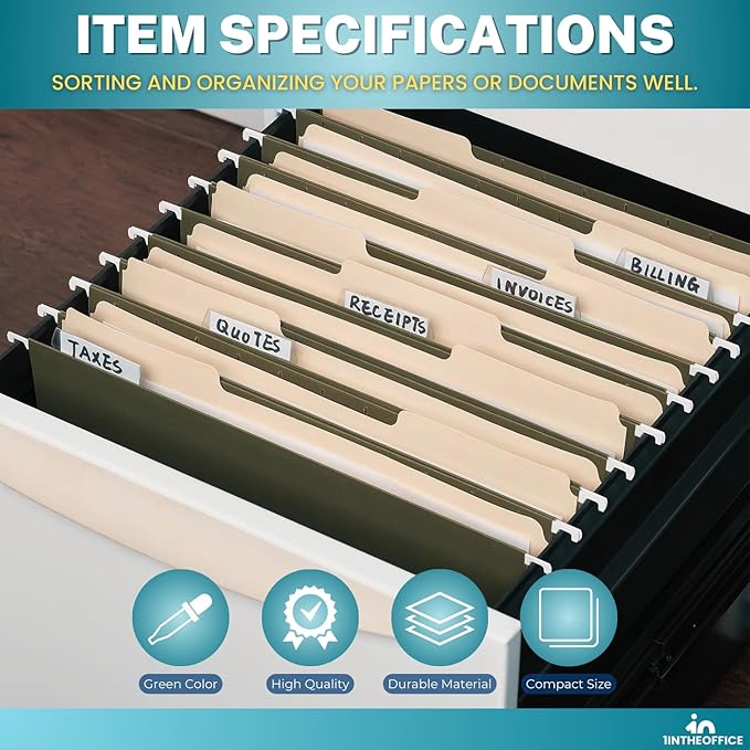 1InTheOffice Green Hanging File Folders Letter Size, Hanging Organizer File Folders, Green Hanging Folders, 1/3 Tabs, 11 pt, 50 Pack-DeskLoop Office