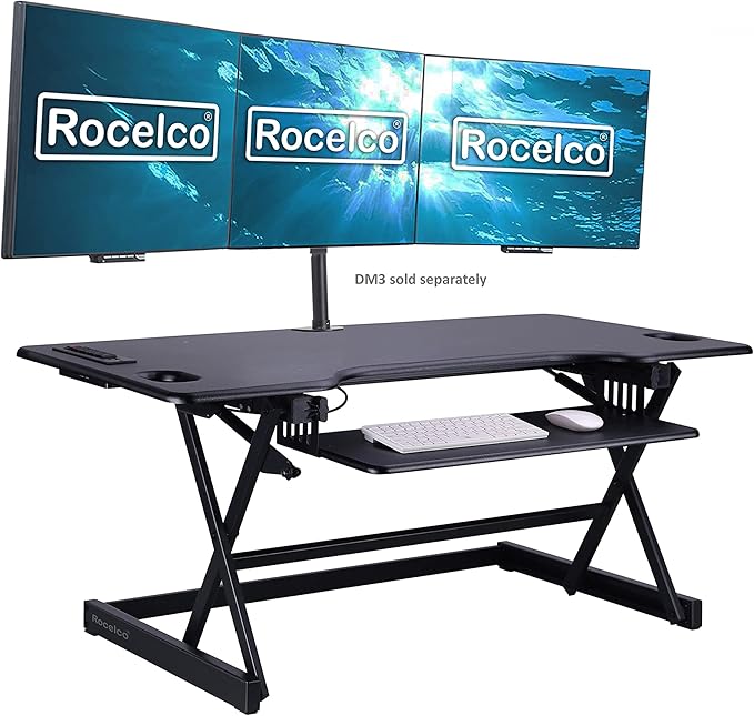 Rocelco 46" Height Adjustable Standing Desk Converter - Desktop AC USB Charger - Sit Stand Up Triple Monitor Riser - Tall Computer Workstation - Retractable Keyboard Tray - Black (R DADRB-46-ACUSB)-DeskLoop Office