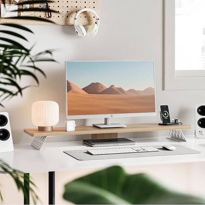 Fenge Dual Monitor Stand Riser, 42.5 Inch Desk Top Shelf for 2 Monitors, Computer Stands for Desk, Wood & Steel Desktop Riser for Laptop, PC, Printer-DeskLoop Office