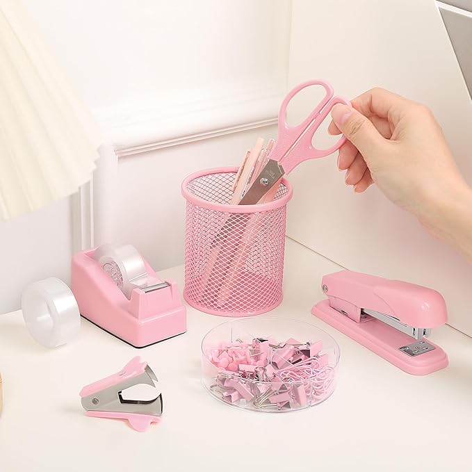 SKYDUE Pink Office Desk Accessories, Pink Office Supplies, Stapler, Tape Dispenser, Scissors, Clips and 1000pcs Staples,Office Supplies for Desk for Women-DeskLoop Office