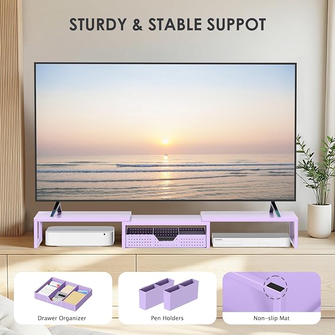 Purple Desk Organizers and Accessories, Dual Computer Monitor Stand Riser with Drawer and 2 Pen Holders, Office Desk Accessories, Workspace Desktop Organization for Office Supplies-DeskLoop Office