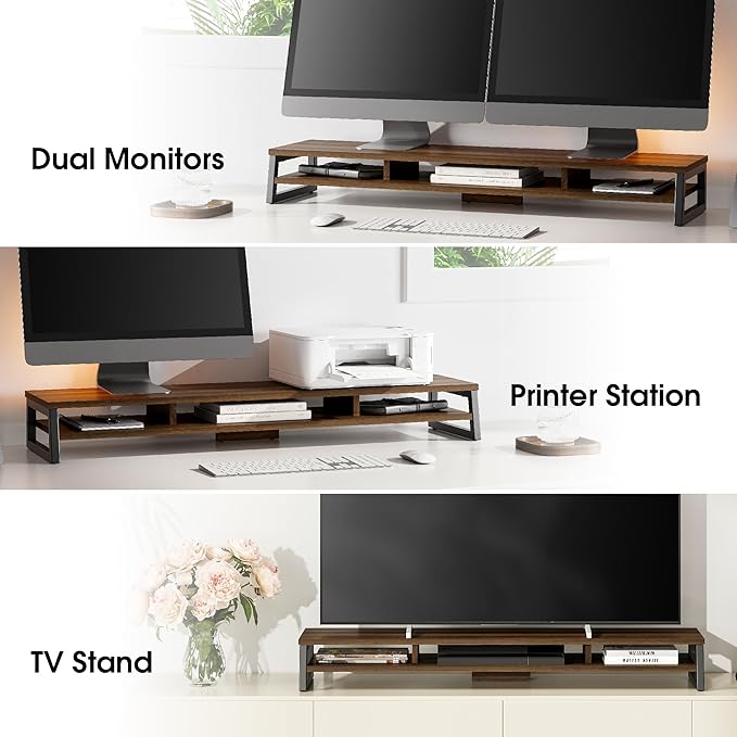 Fenge Dual Monitor Stand for Desk, 42.5in Large Monitor Riser for 2 Monitors, 2 Tier Computer Office Desk Top Shelf, Desktop Storage Stand for Laptop, PC, Computer, Printer-DeskLoop Office