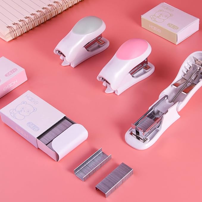 NEBURORA Mini Effortless Desktop Staplers with 400 Standard 26/6 Staples, 2-24 Sheet Capacity, Includes Built-in Staple Remover, Cute Stapler Gift for Student and Office Use, 3 Colors Options (Pink)-DeskLoop Office