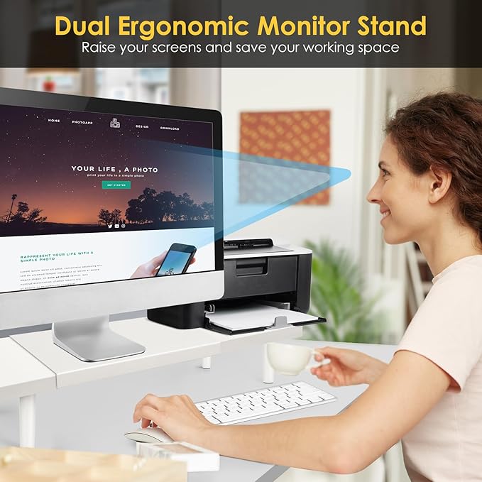 Dual-Monitor-Stand-Riser-For-Desk Adjustable Length 32-40 Inch,Large Desktop Computer Monitor Riser For 2 Screens,Desk Shelf Organizer Riser Stand For Computer/Laptop/PC/Printer/TV White-DeskLoop Office