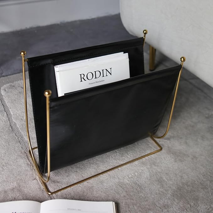 Black Leatherette Magazine Rack Holder, with Metal Ball Bracket,Modern Fashion Style for Books,Newspapers,Home Staging,Bedroom,Hotel,Offices and Living Rooms-DeskLoop Office