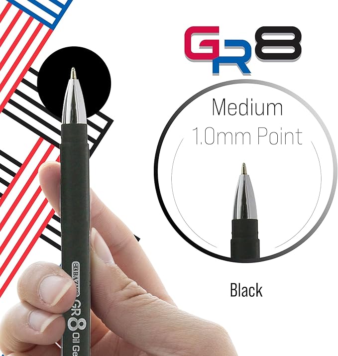 BAZIC Oil Gel Fuse Tech Ink Pen, GR8 Black Color w/Rubberized Barrel, 0.7 mm Medium Point Smooth Writing, for Office School (3/Pack), 24-Pack-DeskLoop Office
