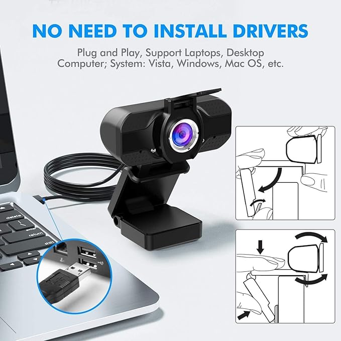 Full HD 1080p Webcam with Privacy Shutter and Tripod, Video and Wide Angle Camera, Built-in Mic, Widescreen USB Computer Camera for Laptop Desktop-DeskLoop Office