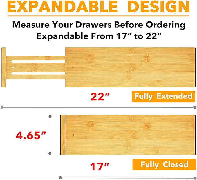 SpaceAid Bamboo Dresser Drawer Dividers 6 Pack, 4.65“ High Adjustable 17“-22” Drawer Organizers, Expandable Organization for Clothing, Clothes, Dressers, Natural-DeskLoop Office