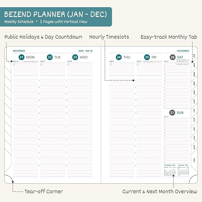 BEZEND 2026 Planner Weekly and Monthly (6" x 8.5") Daily Calendar with Half-Hourly Timeslots & Tabs (Jan-Dec) Note & Expenses, Pen Holder, Inner Pocket, Vegan Leather Hardcover - Cornflower-DeskLoop Office