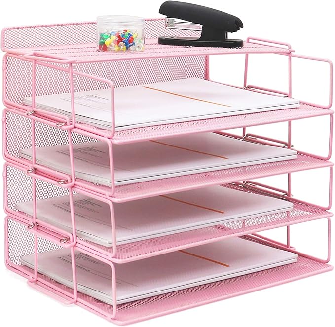 LUCYCAZ Desk Organizer - Stackable Paper Tray, 4 Tier Pink Letter Tray, 5 Trays Metal Paper Organizer for Desk, File Organizer for School Home and Office-DeskLoop Office