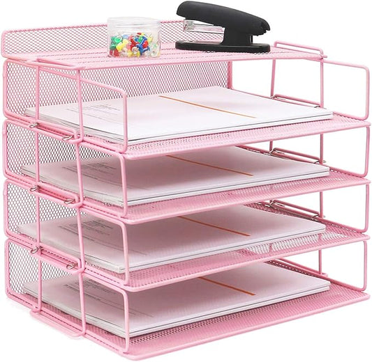 LUCYCAZ Desk Organizer - Stackable Paper Tray, 4 Tier Pink Letter Tray, 5 Trays Metal Paper Organizer for Desk, File Organizer for School Home and Office-DeskLoop Office