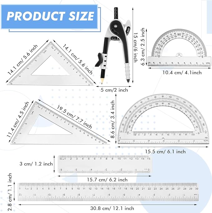 Zonon 1 Set Plastic Geometry Math Set 7 Pcs Includes 6'' / 4 '' Protractor, Drawing Compass, 45/60 Degree Triangle Rulers, 12'' / 6'' Math Ruler Transparent for Office Supplies(Clear)-DeskLoop Office
