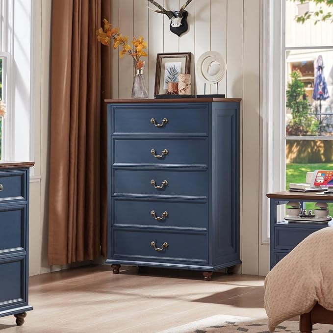 Farmhouse 5 Drawer Dresser Set of 2 for Bedroom, 45" Tall Rustic Chests of Drawers w/ 4 Solid Wood Feet, Mid Century Vintage Wooden Closet Storage Dressers Organizer for Living Room, Navy Blue-DeskLoop Office