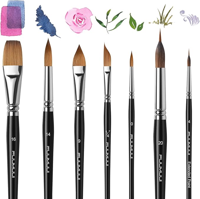 Sable Watercolor Brushes, Fuumuui 7pcs Professional Artist Paint Brushes Set with Extended Needle, Round Point, Flat, Dagger, Cat's Tongue for Watercolor, Acrylic, Gouache – Detail & Wash Painting-DeskLoop Office