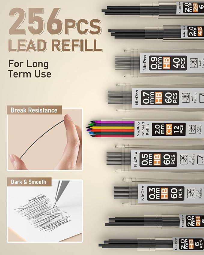 Nicpro 5 PCS Art Mechanical Pencils Set, Metal Drafting Pencil 0.3 & 0.5 & 0.7 & 0.9 & 2mm Graphite Lead Holder(4B 2B HB 2H Colored) for Sketching Drawing With Lead Refills Eraser Case-DeskLoop Office