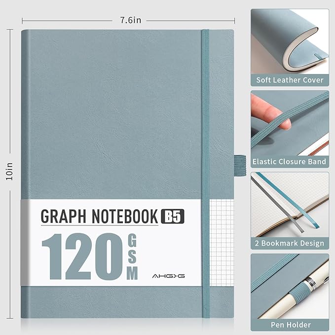 AHGXG Graph Paper Notebook - Grid Notebook Journal, 120 GSM Thick Graph Paper, Large B5 Notebook 96 Pages, Leather Softcover, for Graphing, Writing, Math, Engineering, 7.6'' X 10'' - Gray Blue-DeskLoop Office