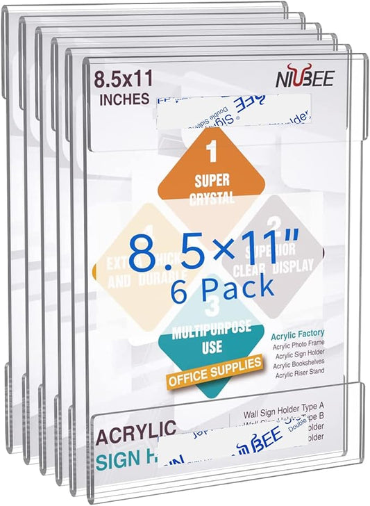 NIUBEE 8.5x11 Clear Acrylic Plexi Sign Holders with Double Sided Adhesive Tape, Wall Sign Memo Document Menu Holder for Office, Home, Store, Restaurant-No Drilling (6 Pack)-DeskLoop Office