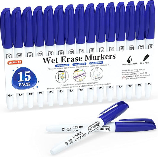 Shuttle Art Wet Erase Markers, 15 Pack Blue 1mm Fine Tip Smudge-Free Markers, Use on Laminated Calendars, Overhead Projectors, Schedules, Whiteboards, Transparencies, Glass, Wipe with Water-DeskLoop Office