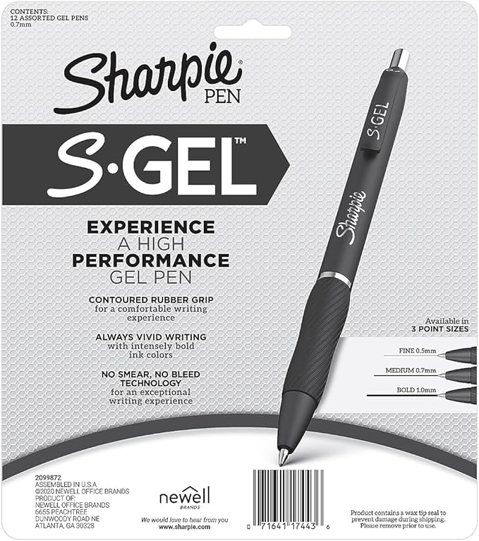 Sharpie S-Gel Gel Pens Writing Drawing Coloring Gel Pens For Journaling Medium Point Pen(0.7Mm) Assorted Colors 12 Count-DeskLoop Office