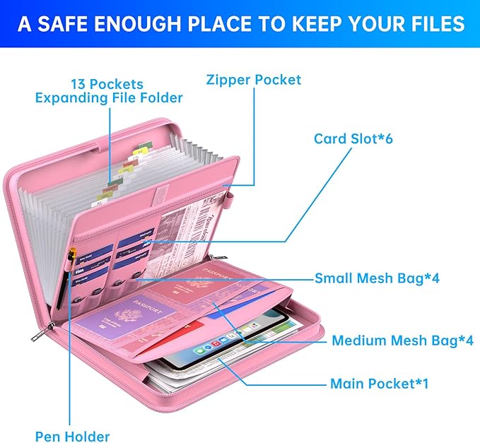 ENGPOW Accordion File Organizer,Fireproof Expanding File Folder with Multi Pockets,13 Pockets Document Organizer with Handle & Labels,Portable Home Travel Safe Storage Folder for Letter A4 Files,Pink-DeskLoop Office