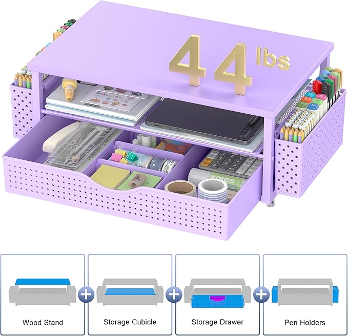 Desk Organizer and Accessories, Computer Monitor Stand Riser with Drawer and 2 Pen Holders, Office Desk Accessories & Workspace Organizers for Office Supplies (Purple)-DeskLoop Office