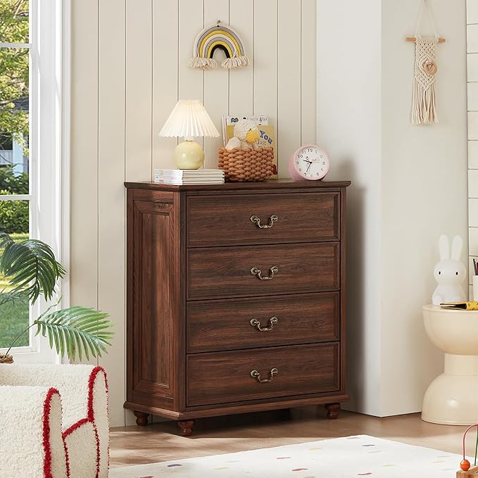 Farmhouse 4 Drawer Dresser Set of 2 for Bedroom, 37" Tall Rustic Chests of Drawers w/ 4 Solid Wood Feet, Mid Century Vintage Wooden Closet Storage Dressers Organizer for Living Room, Brown-DeskLoop Office
