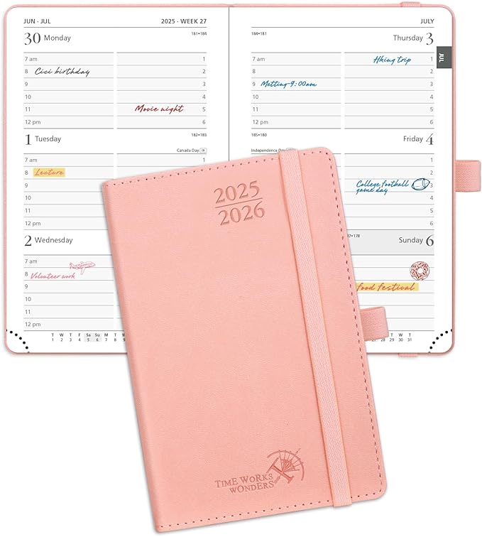 POPRUN Pocket Planner 2025-2026 (Purse Size 4'' x 6.25'') Academic Small Calendar (July 2025 - June 2026) with Hourly Time Slots, 100GSM Thick Papers, Leather Soft Cover - Pink-DeskLoop Office