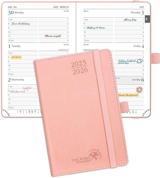 POPRUN Pocket Planner 2025-2026 (Purse Size 4'' x 6.25'') Academic Small Calendar (July 2025 - June 2026) with Hourly Time Slots, 100GSM Thick Papers, Leather Soft Cover - Pink-DeskLoop Office