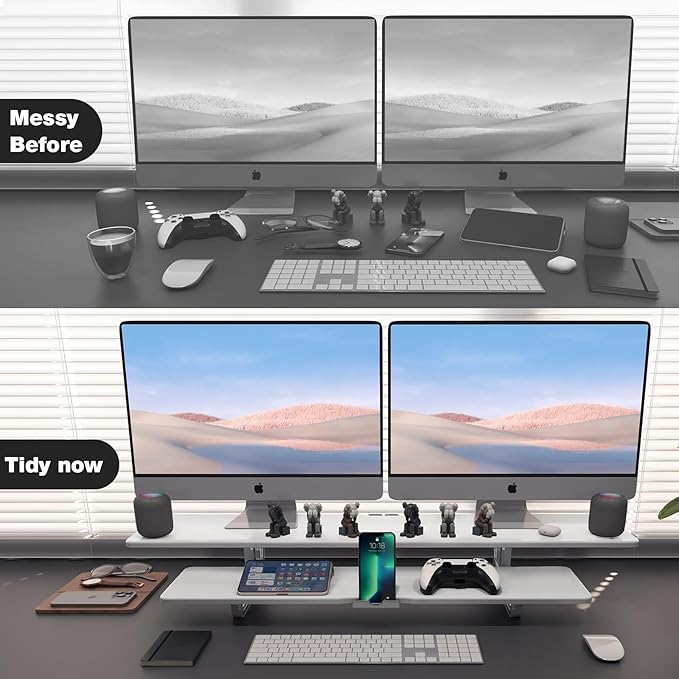 Dual Monitor Stand, 2-Tier Wood Monitor Riser with Storage Organizer and Cable Management, White-DeskLoop Office