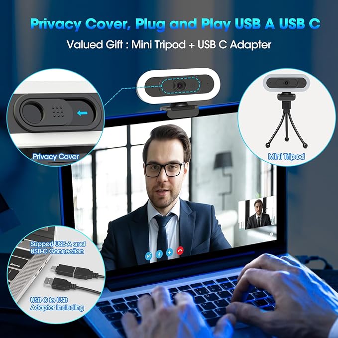 ToLuLu Streaming Webcam 2K 50FPS Web Cam, LED RGB Webcam with Microphone and Light, Autofocus Computer Camera with Cover and Tripod, Plug-Play USB Web cam for PC Desktop/MacBook Gaming Video Calling-DeskLoop Office