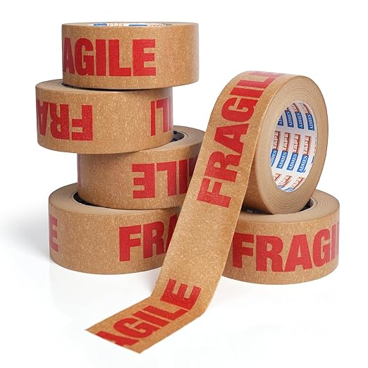 ADHES Fragile Tape, Biodegradable Kraft Paper Tape - 2in x 55yds, 6 Rolls, Strong Adhesive, Eco-Friendly Paper Packing Tape for Shipping & Moving, Heavy Duty Protection for Fragile Items-DeskLoop Office